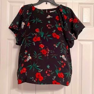 Gibson Latimer Floral with Birds Bubble Sleeve Blouse Small